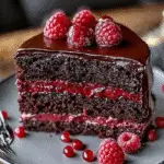 Indulge in Irresistible Triple Layer Raspberry Chocolate Cake Recipe 5 Triple layer raspberry chocolate cake with frosting and berries