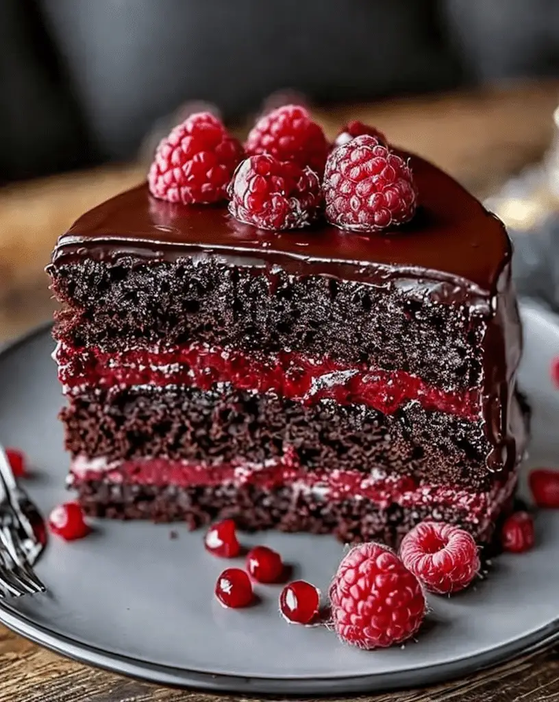 Triple layer raspberry chocolate cake with frosting and berries