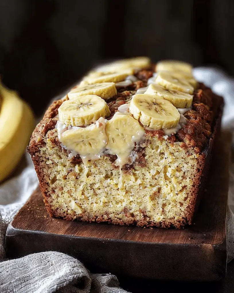 Freshly baked banana bread loaf sliced on board