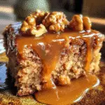 Indulge in a Luscious Walnut Banana Caramel Cake Delight 7 Close-up of Walnut Banana Caramel Cake slice with thick caramel drizzle