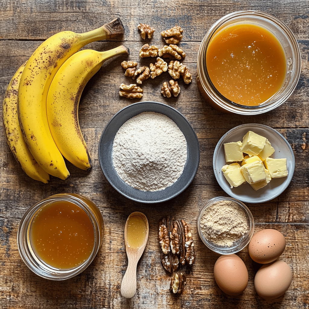 Indulge in a Luscious Walnut Banana Caramel Cake Delight 8 Ingredients arranged for the Walnut Banana Caramel Cake on a rustic table