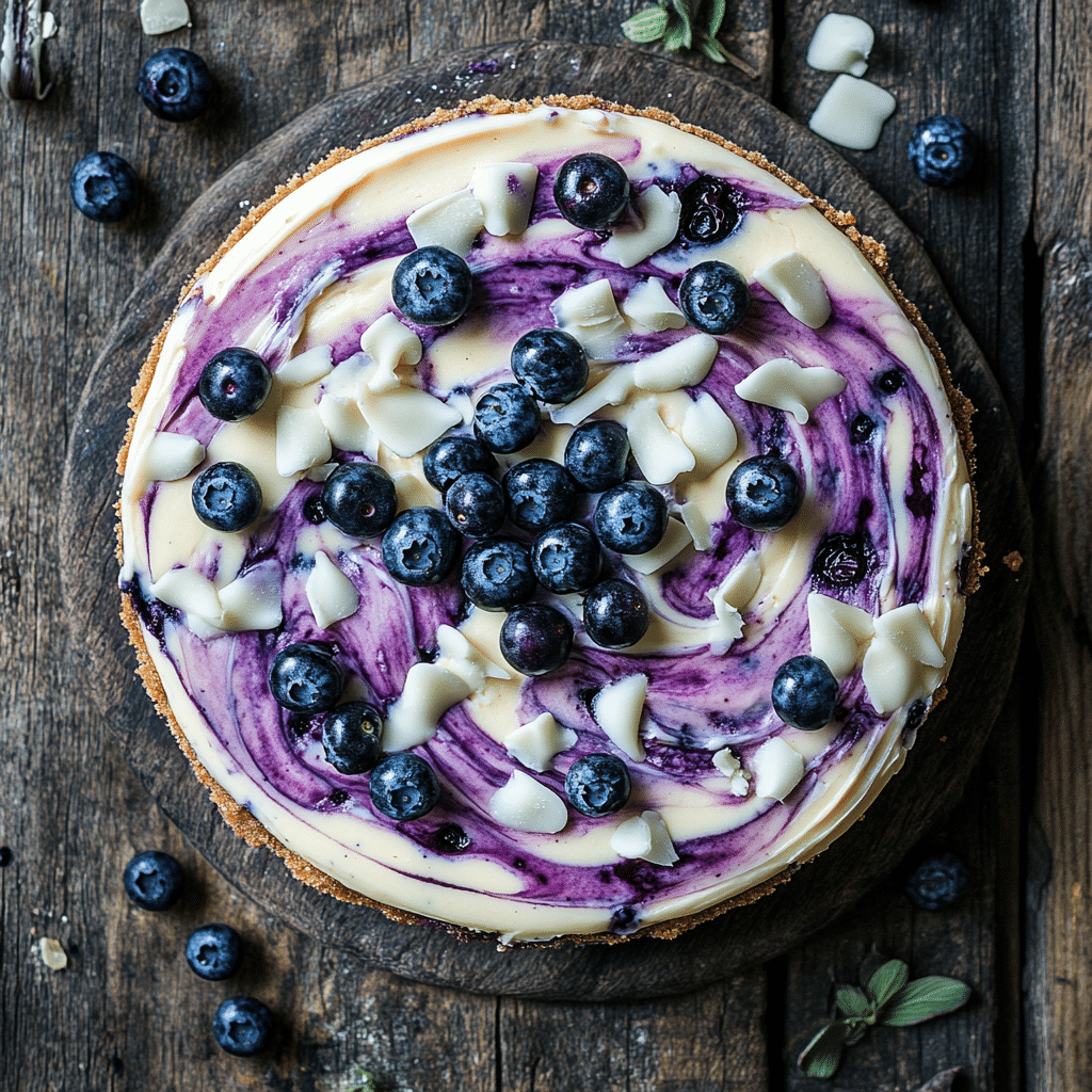 Swirling blueberry puree in cheesecake batter