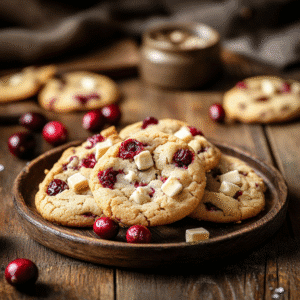 White chocolate cranberry cookies on a plate