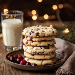 Irresistible White Chocolate Cranberry Cookies: A Sweet Holiday Delight 9 Stack of white chocolate cranberry cookies with milk