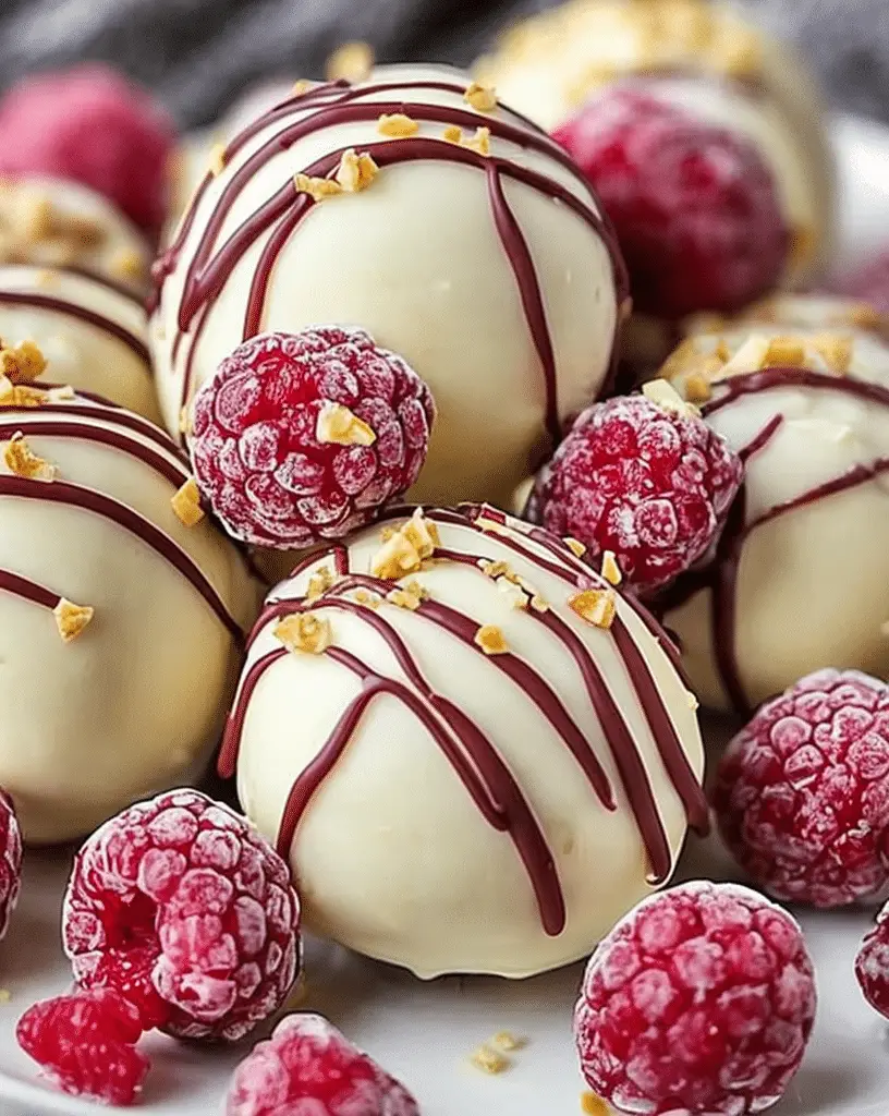 White Chocolate Raspberry Cheesecake Balls served on white plate