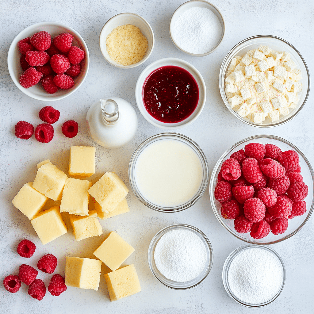 Indulge in a White Chocolate Raspberry Trifle for Festive Bliss 6 Ingredients for White Chocolate Raspberry Trifle on a white surface
