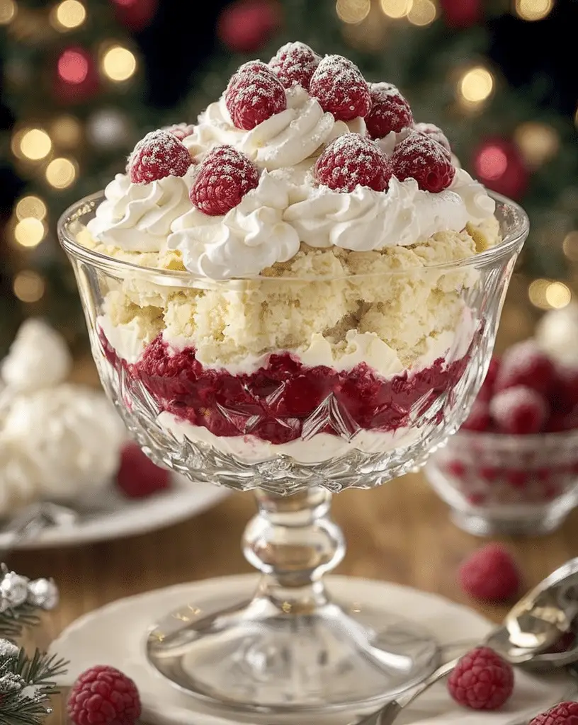 White Chocolate Raspberry Trifle with whipped cream and raspberries
