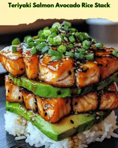teriyaki salmon avocado rice stack