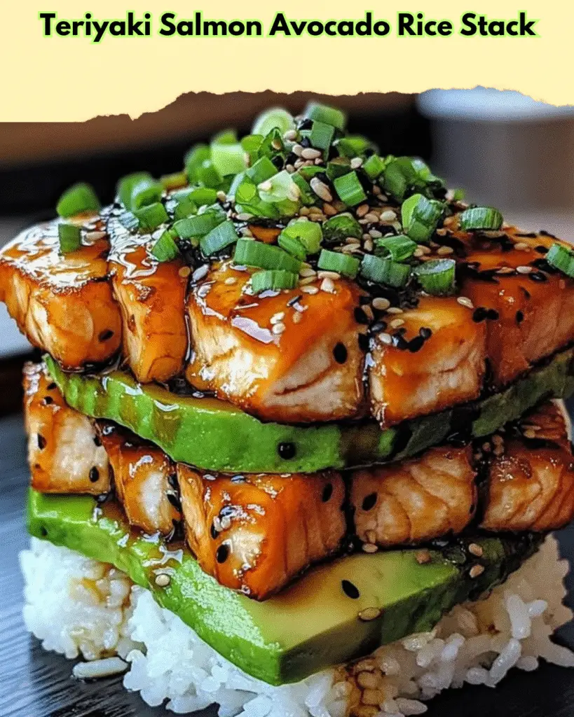 teriyaki salmon avocado rice stack