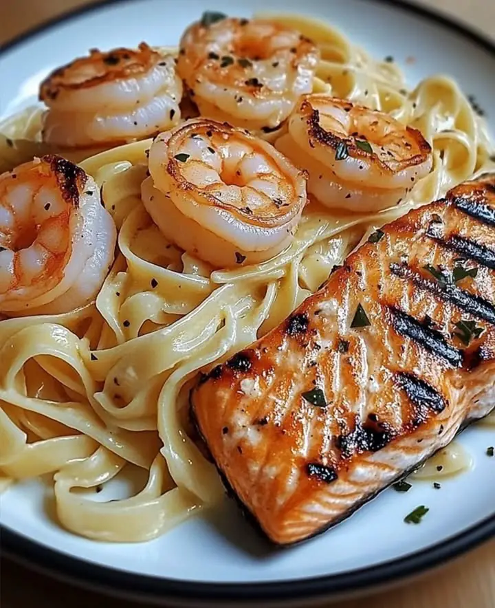 creamy alfredo pasta salmon shrimp