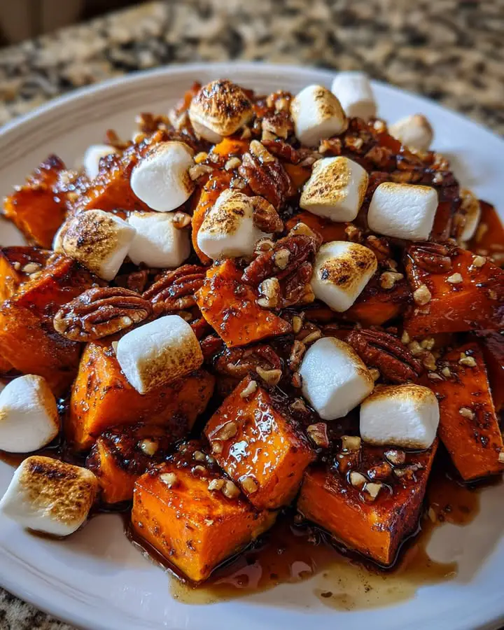 caramelized sweet potato bites marshmallows pecans