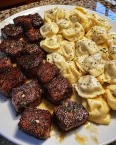 garlic butter steak bites alfredo tortellini