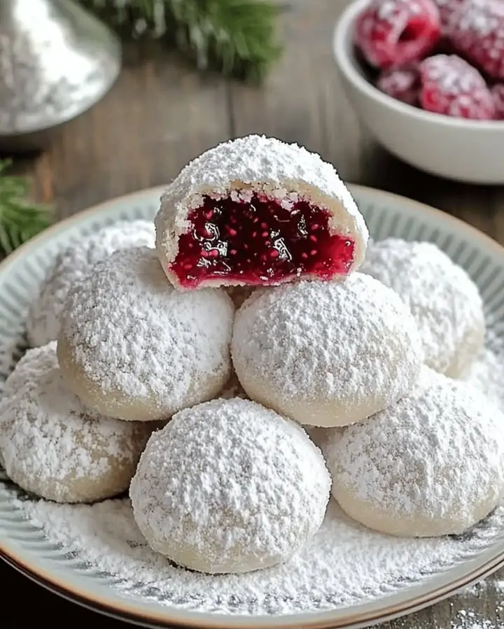 raspberry filled almond snow cookies